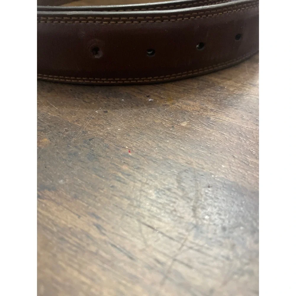 Mens Dark Brown Leather Belt Silver Buckle Contrast Stitching Size44